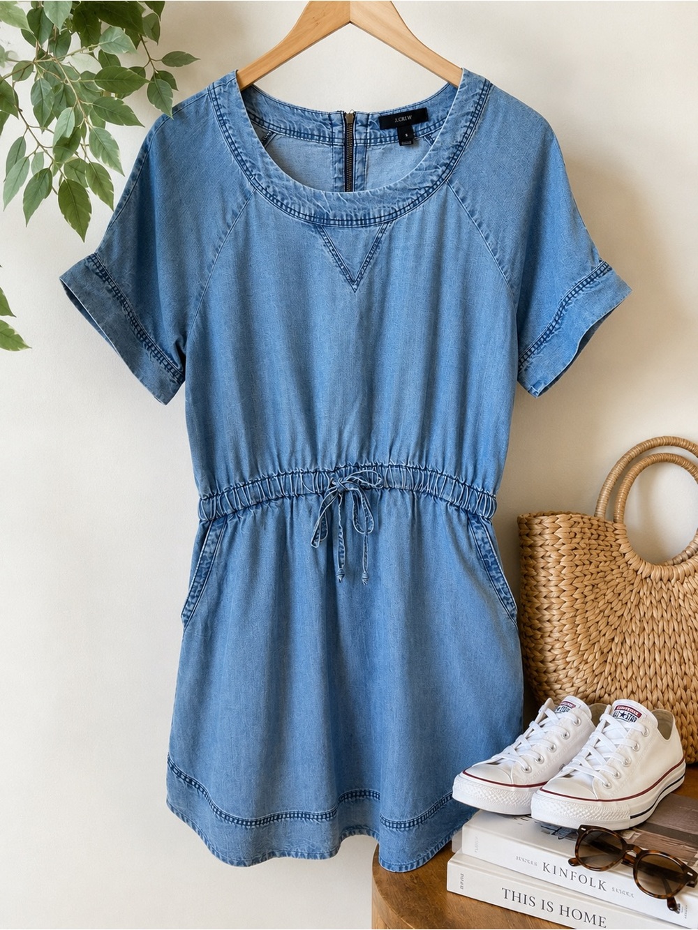 J.Crew 100% Lyocell Chambray Drawstring Pocket Dress Size Small